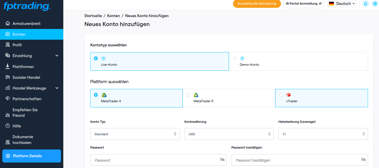 Anmeldung zum Leerverkaufs Konto bei FP Trading