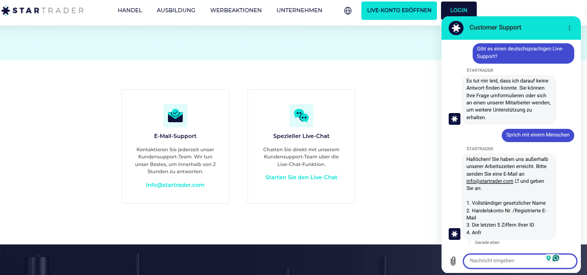 Support-Optionen und Chat des Kundenservice von StarTrader