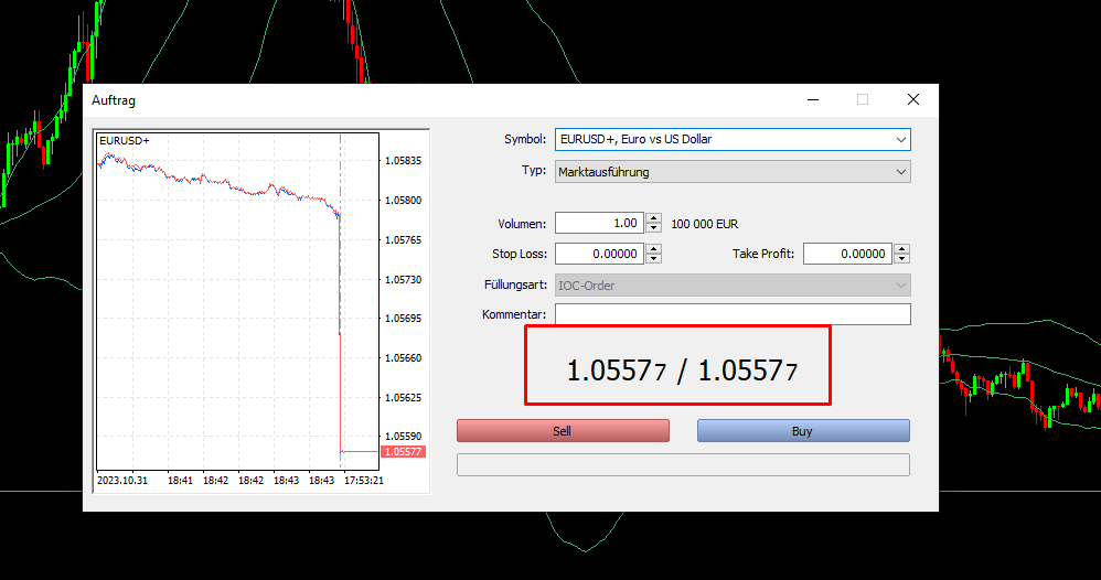 Live Screenshot von Vantage Markets im EURUSD ohne einen Spread
