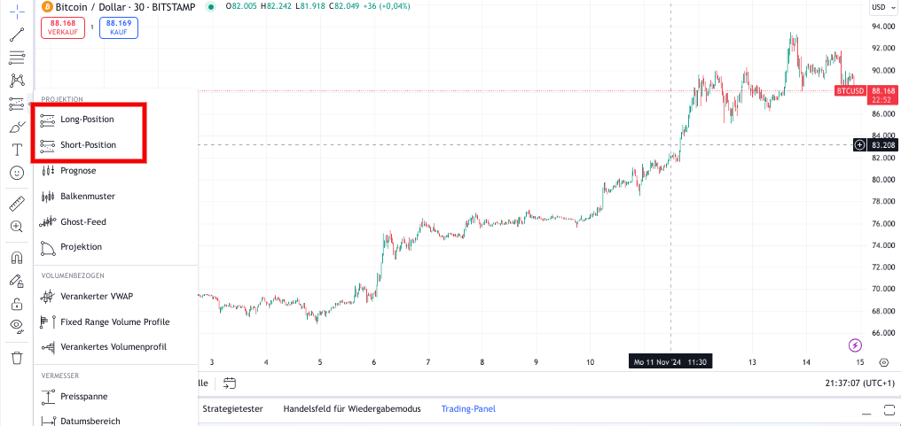 Auswahl des Long Short Position Tools bei TradingView