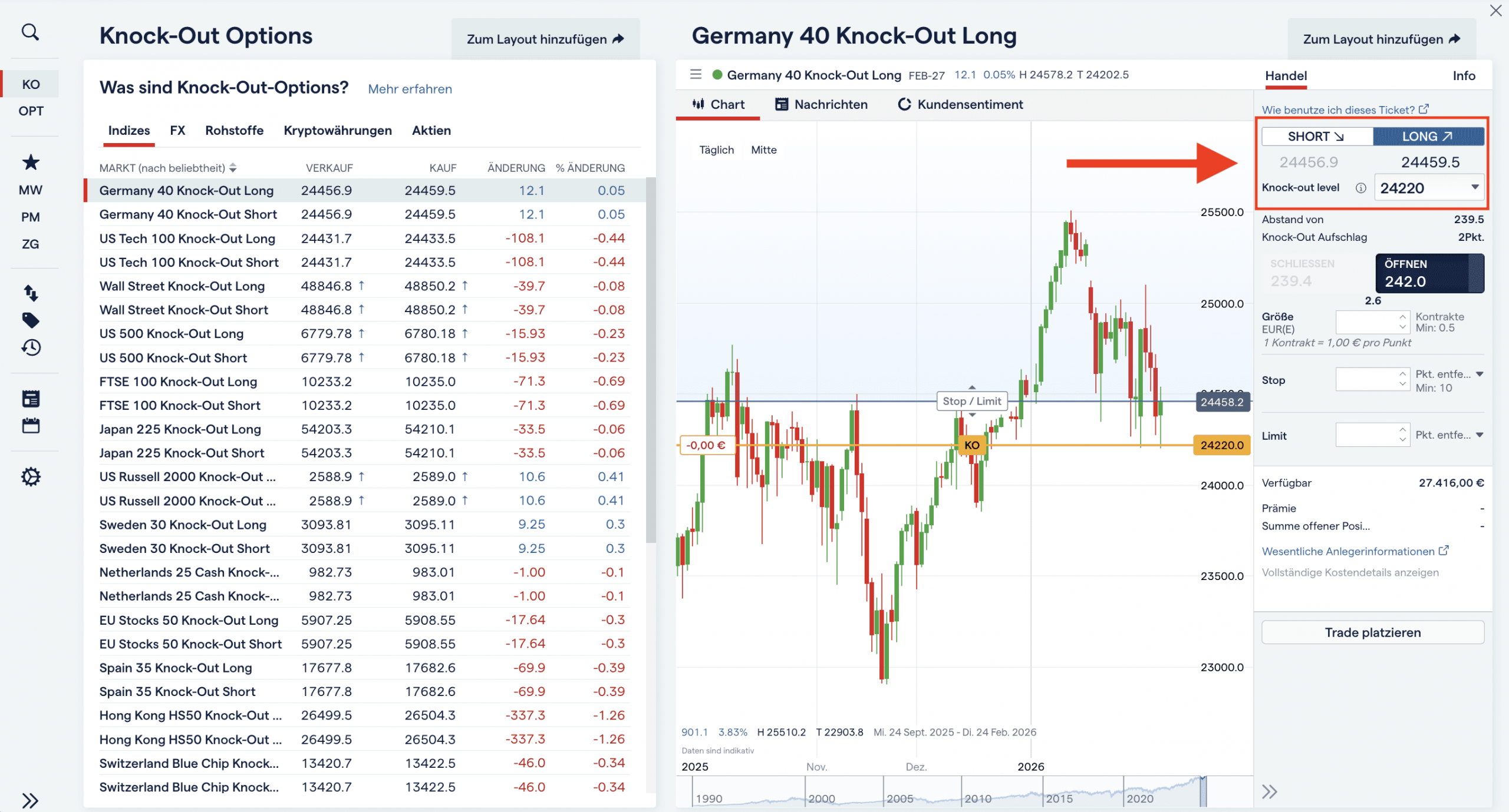 Long oder Short Knock Out Option wählen bei IG