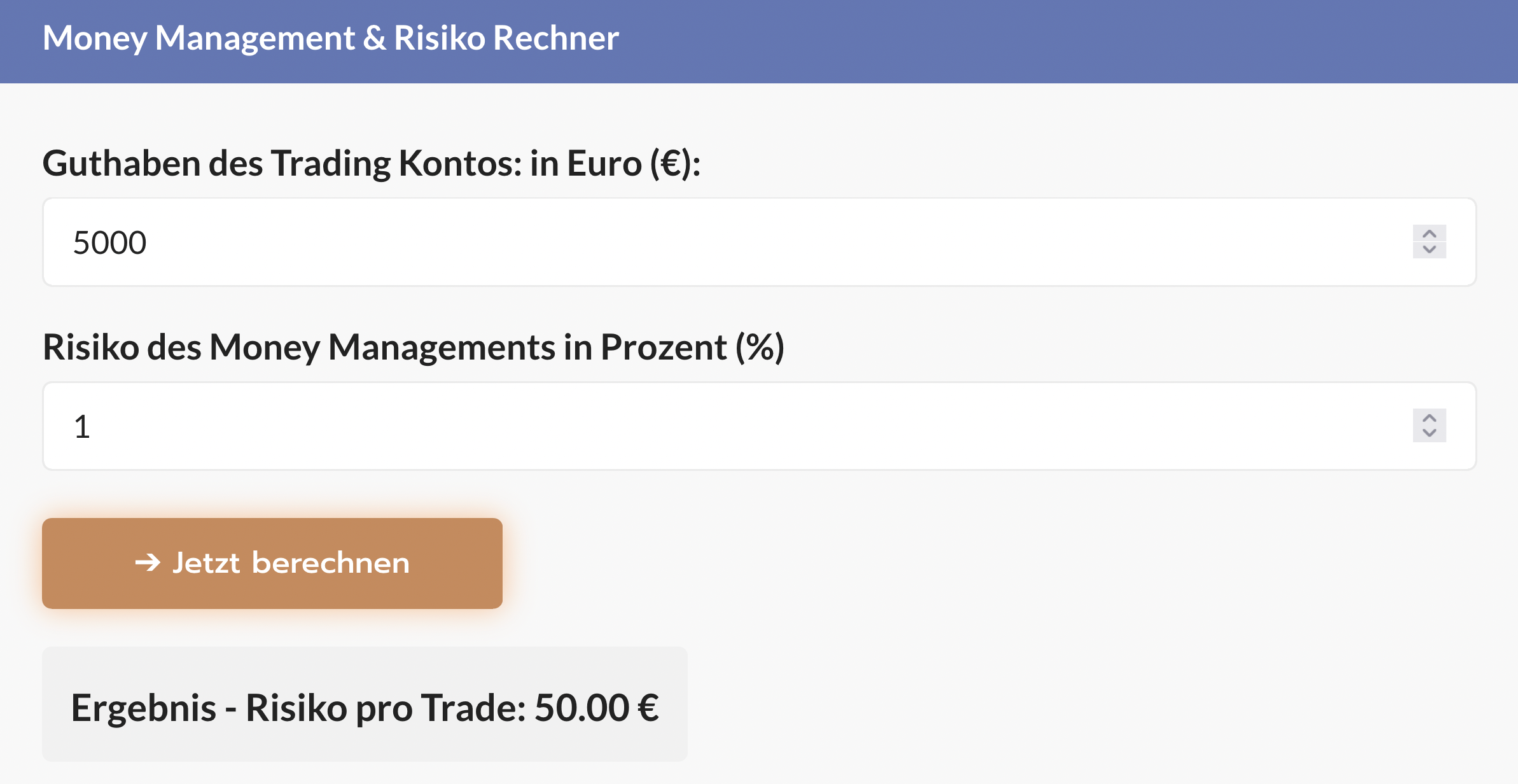 Mit dem Money Management & Risiko Rechner von Trading.de kann man das Risiko pro Trade berechnen