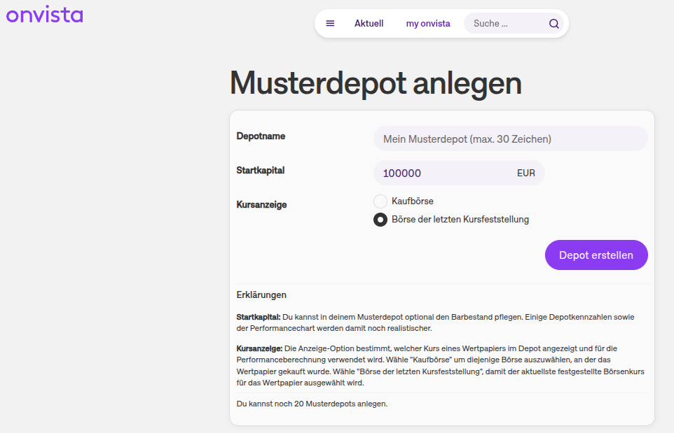 Anmeldung eines Musterdepots bei Onvista
