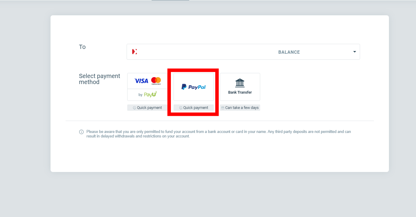 PayPal Auswahl als Einzahlungsmethode bei XTB