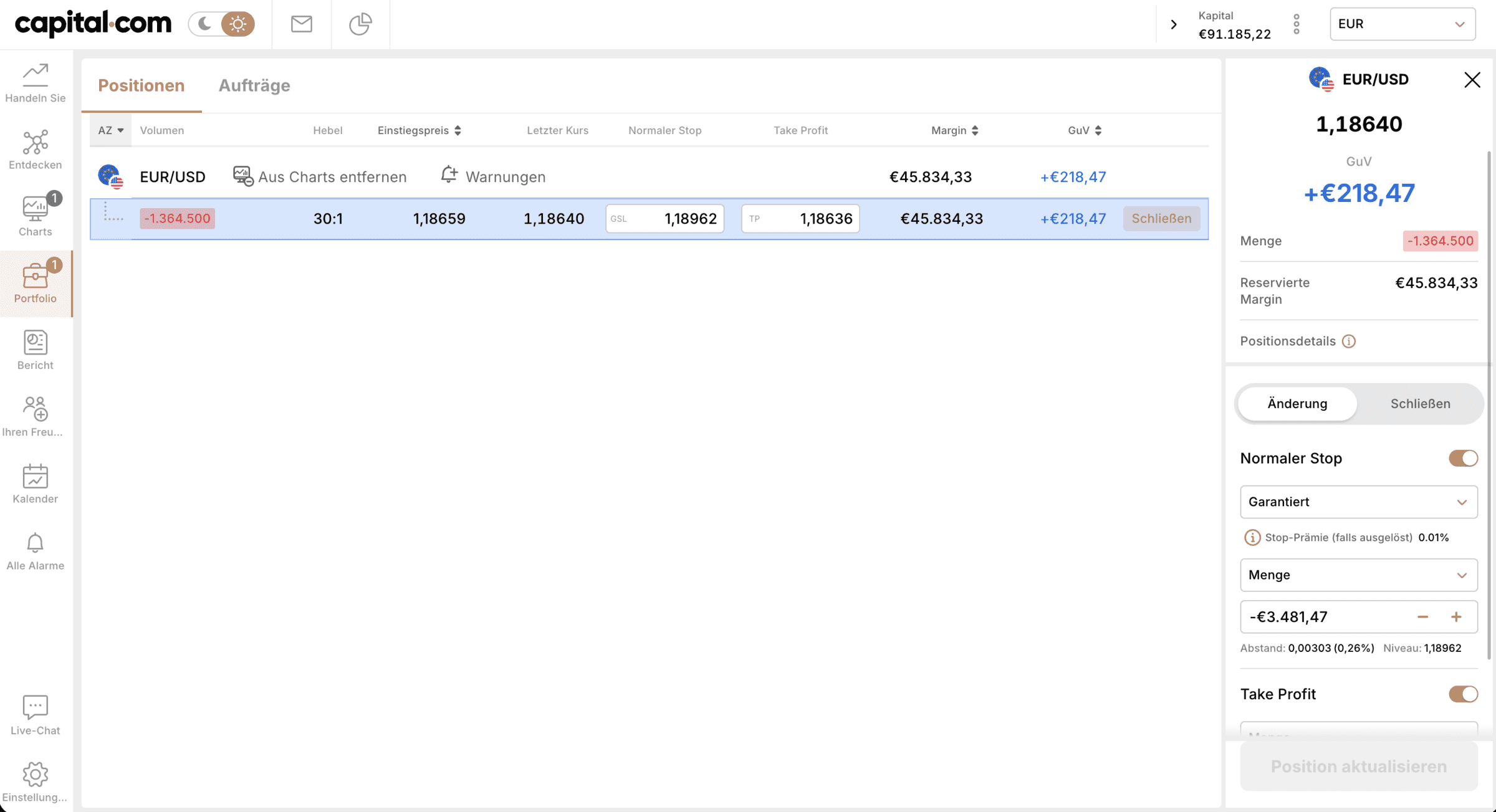 Position überwachen und GSLO verwalten bei Capital.com