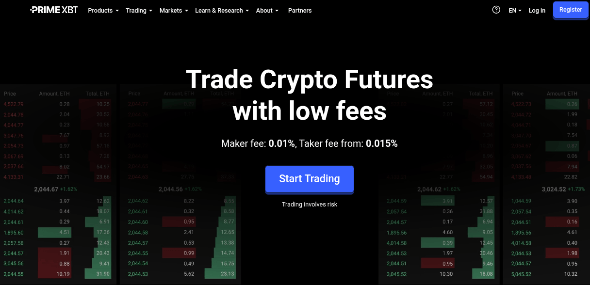 Hauptseite für Krypto Futures von PrimeXBT