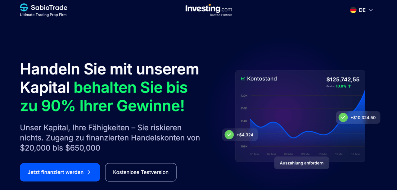 Prop Trading Firma SabioTrade, die einen Profit-Split von bis zu 90 % und Konten von bis zu 0.000 anbietet.