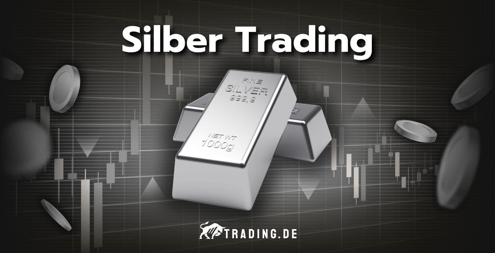 Silber Trading mit Silberbarren, Münzen und einem Candlestick Chart