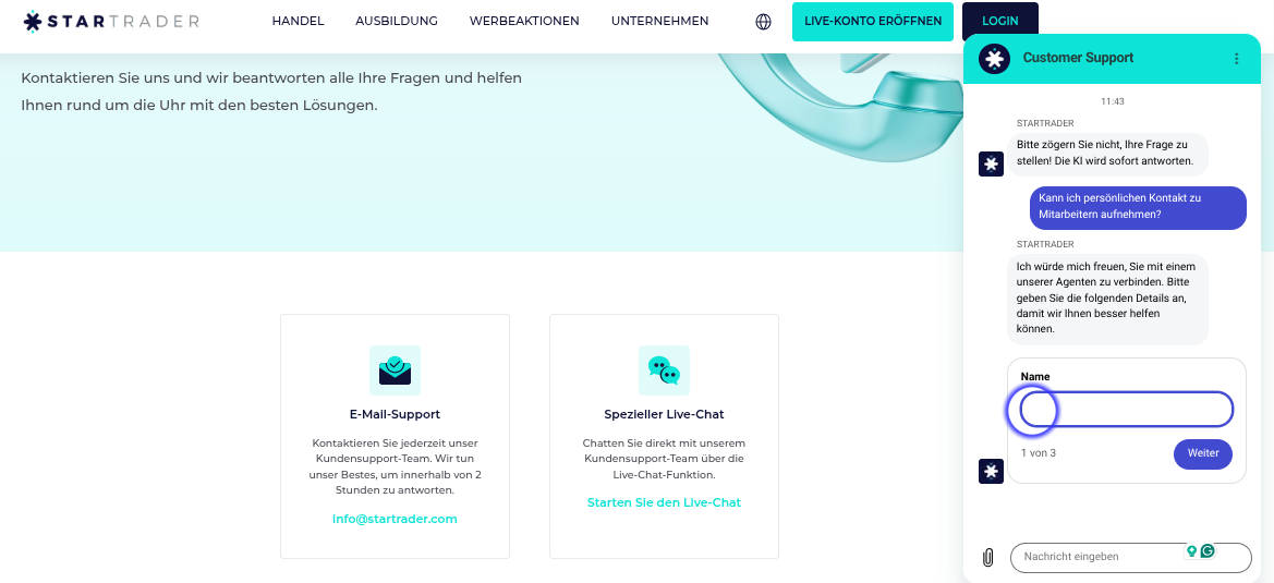 Support von StarTrader mit KI Chat