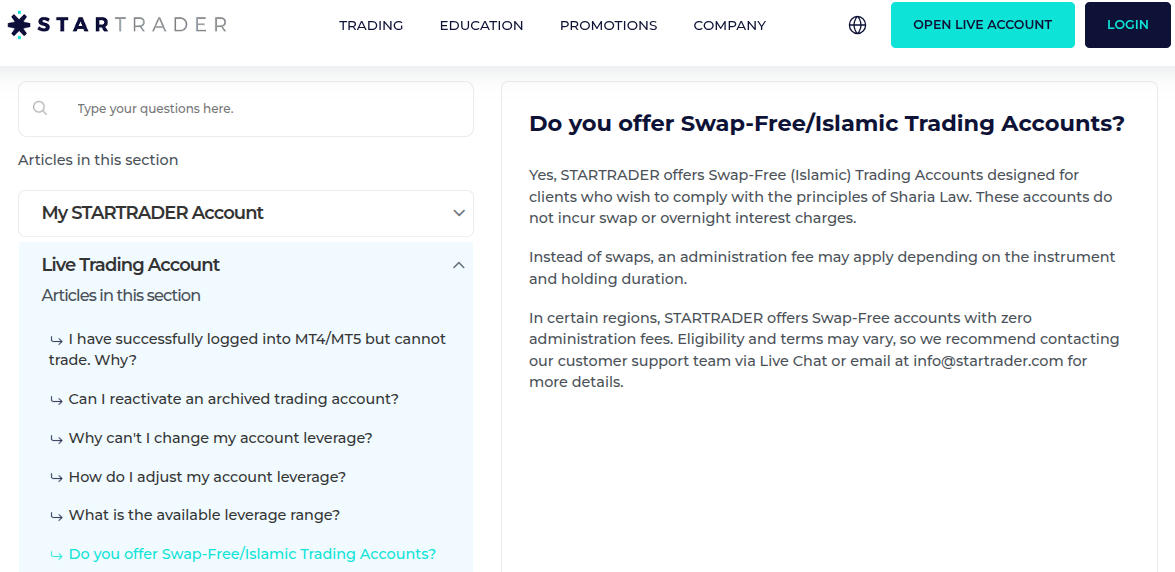 Islamische Konten bei StarTrader