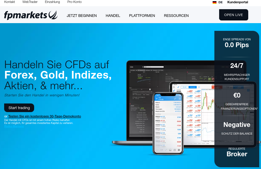 Hauptseite der Trading Plattform und Broker FP Markets
