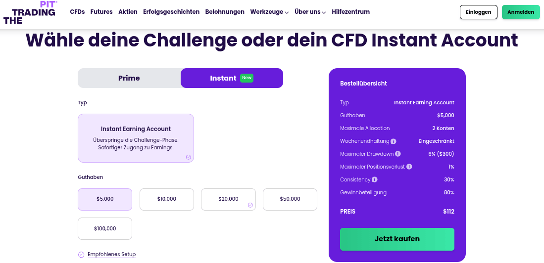 The Trading Pit CFD Instant Funding Angebote