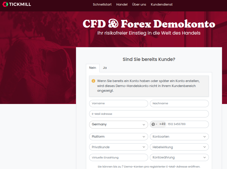 Tickmill Eröffnung eines Demokontos