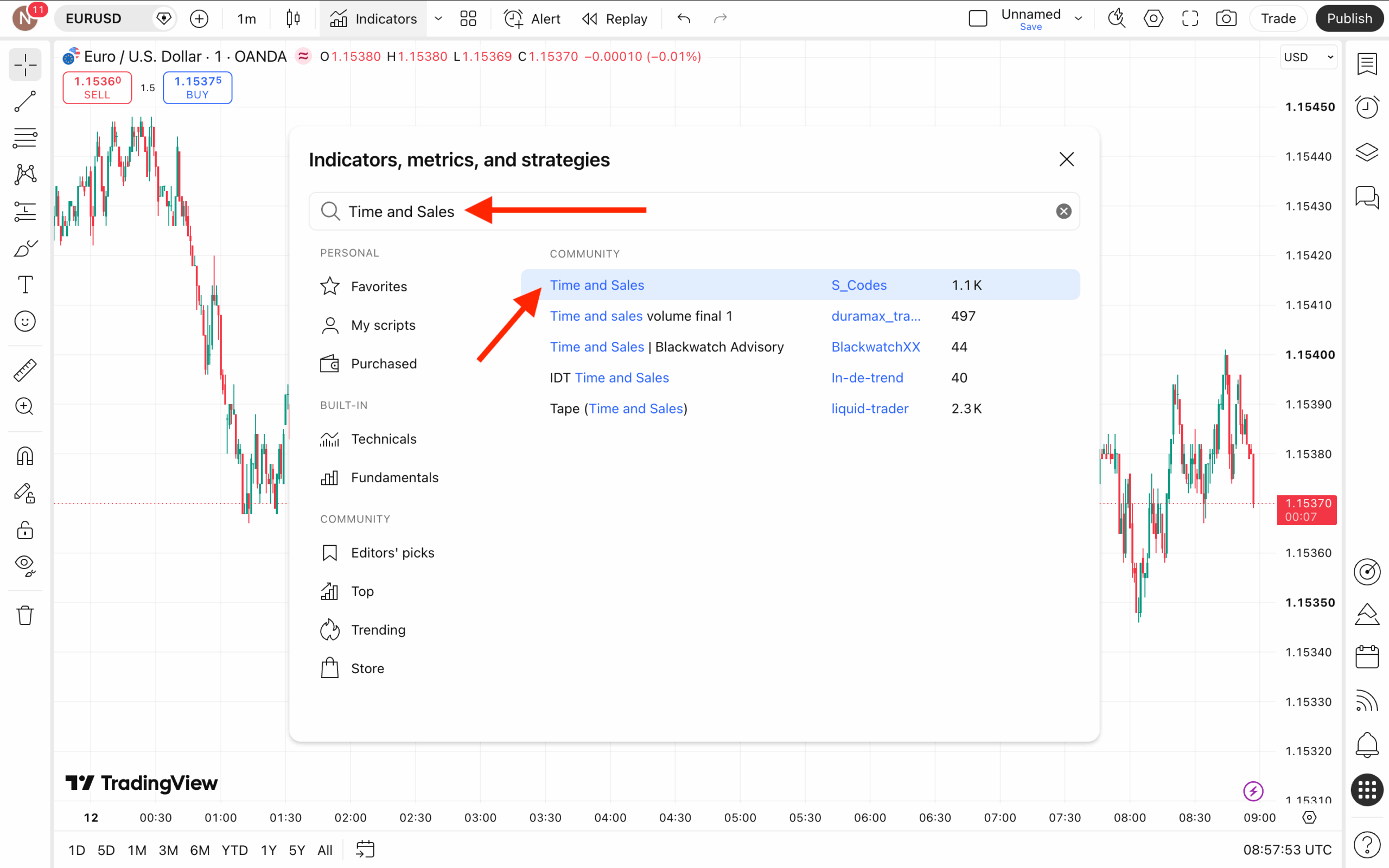 TradingView Indikatoren-Suche mit Ergebnissen für Time and Sales zur Auswahl eines Community Skripts
