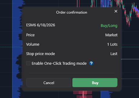 ATAS Trade Bestätigung einer Order