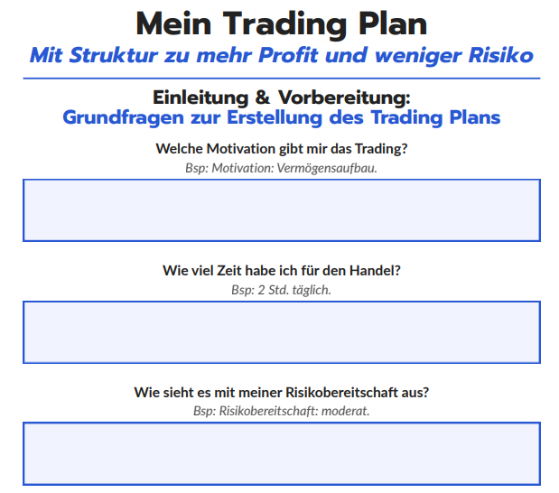 Erste Seite des Trading Plans von Trading.de