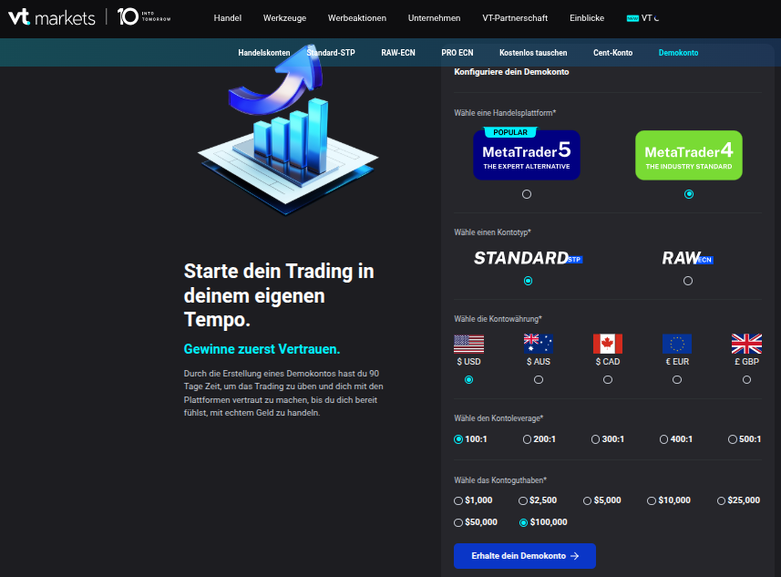 Anmeldemaske mit Auswahl für Forex Demokonten von VT Markets
