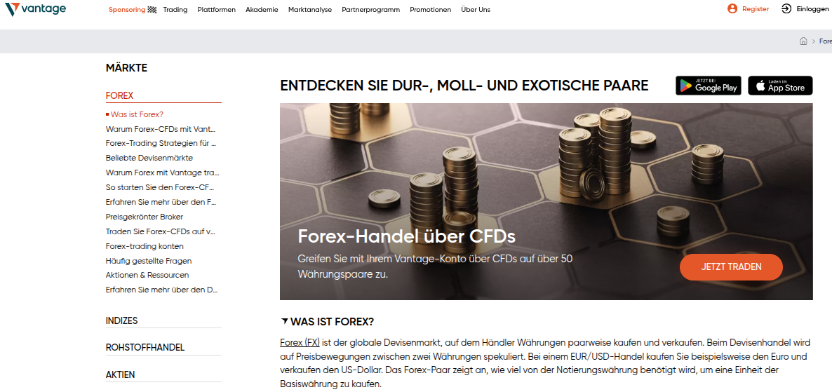 Forex Broker Vantage Markets Seite