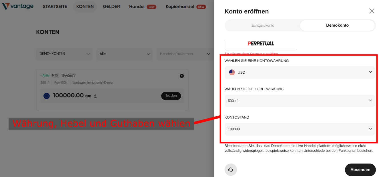 Demokonto Modalitäten bei Vantage Markets bestimmen