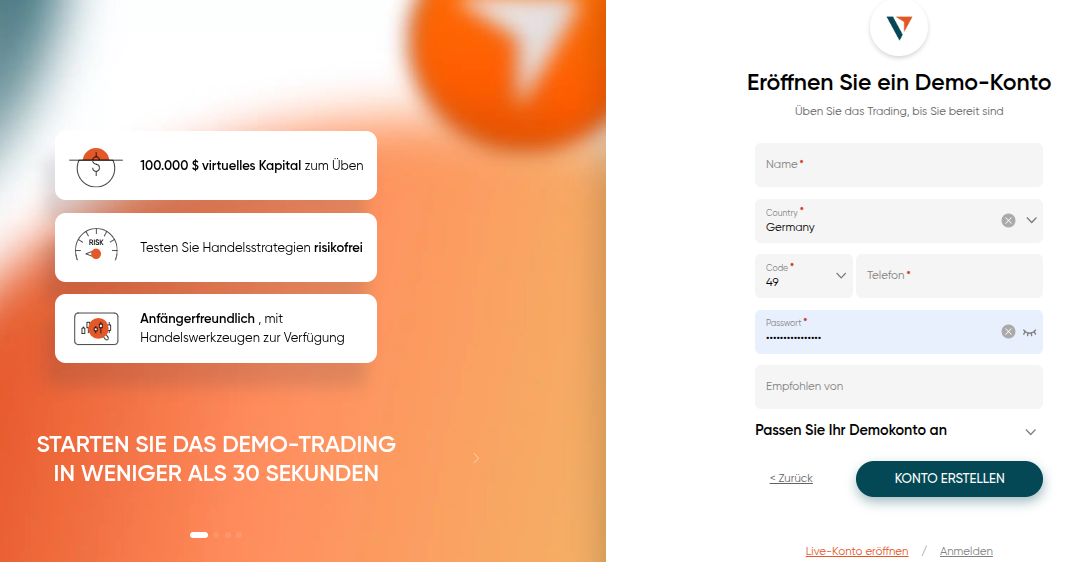 Demokonto bei Vantage Markets Anmeldemaske