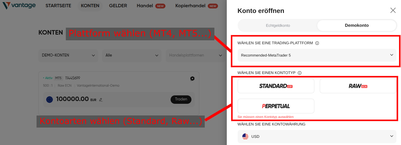 Daytrading Demokonto eröffnen bei Vantage Markets und Modalitäten wählen
