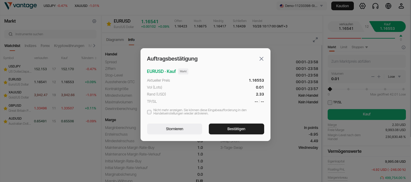 Positionen bei Vantage Markets eröffnen