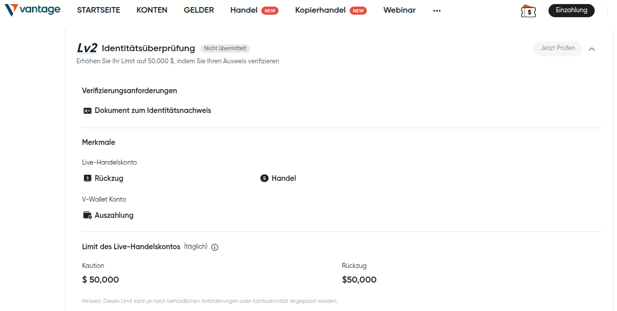 Verifizierungsvorgang für Live Konten bei Vantage Markets