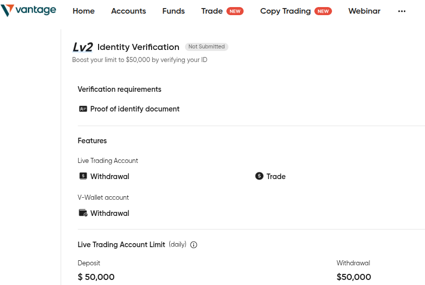 ID und Konto verifizieren bei Vantage Markets Trading Software