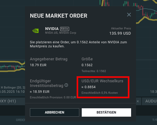 Anzeige variabler Zusatzkosten wie Wechselkursaufschlag bei XTB