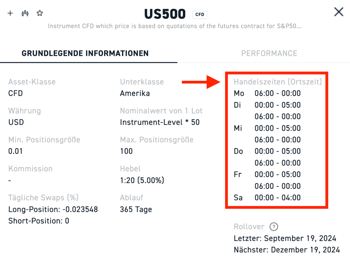 XTB US500 Handelszeiten