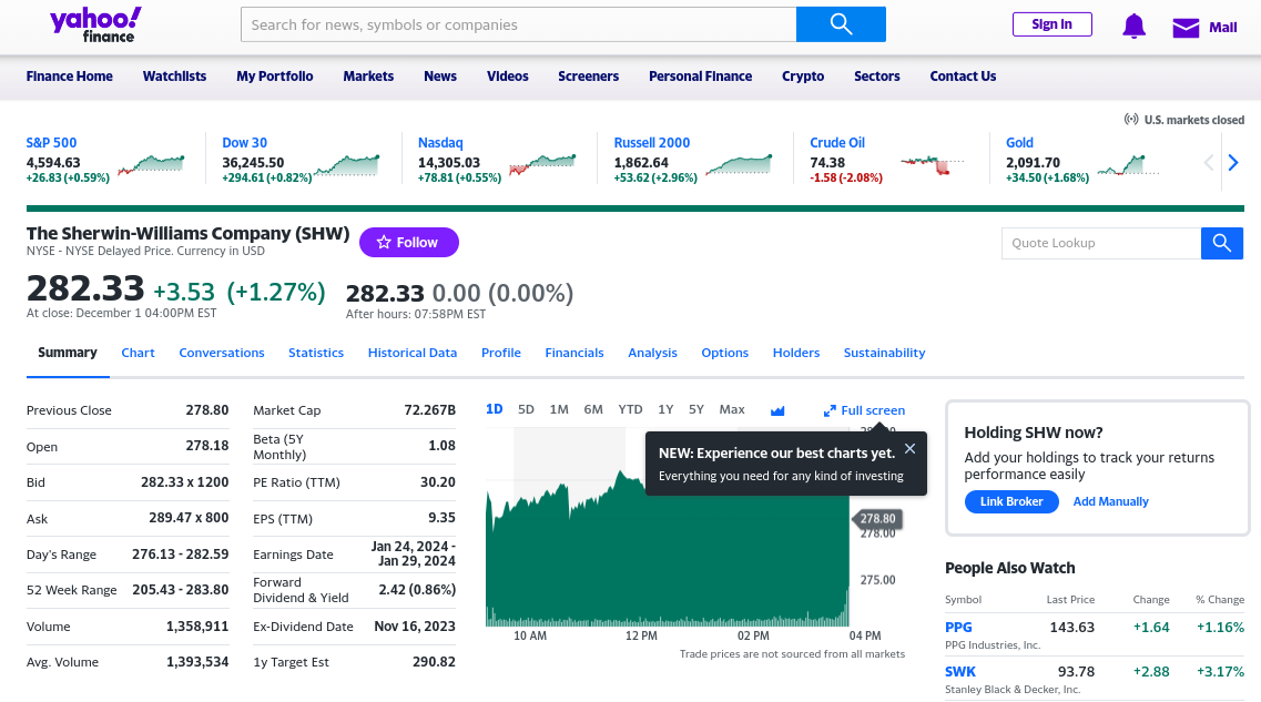 Einzelnes Analyseprofil der Aktien bei Yahoo! Finance