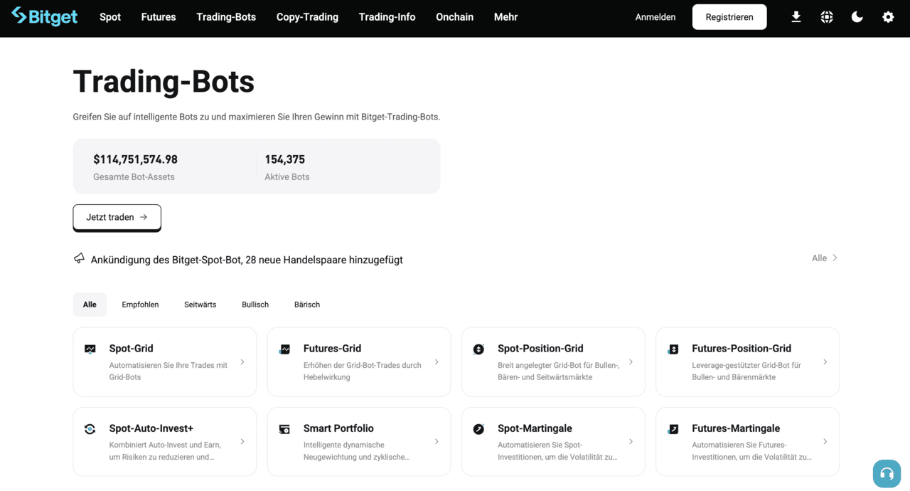 Ein Screenshot der Bitget-Webseite, der die Übersichtsseite für Trading-Bots zeigt, mit den Gesamtwerten von Bot-Assets und aktiven Bots.