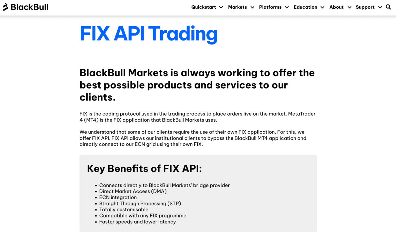 Screenshot von BlackBull Markets Website, die FIX API Trading als Option für HFT anbietet.