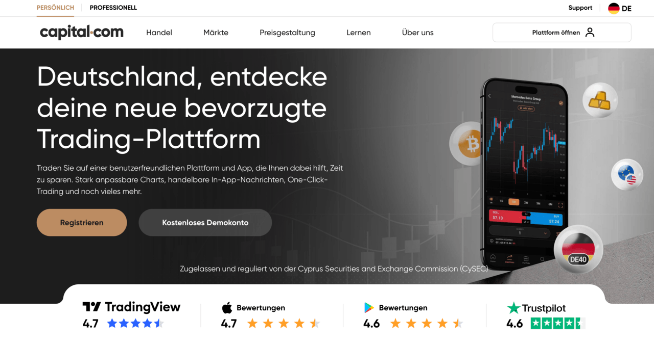 Landingpage von Capital.com, präsentiert als benutzerfreundlicher Trading Broker ideal für Compounding.