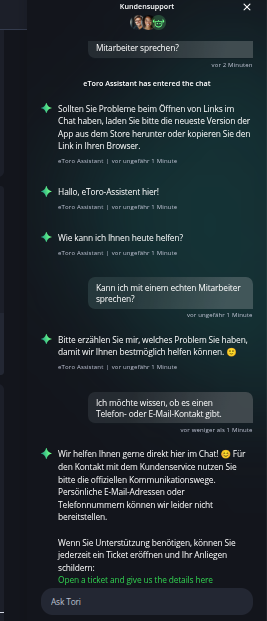 Chat Support auf KI Basis bei eToro