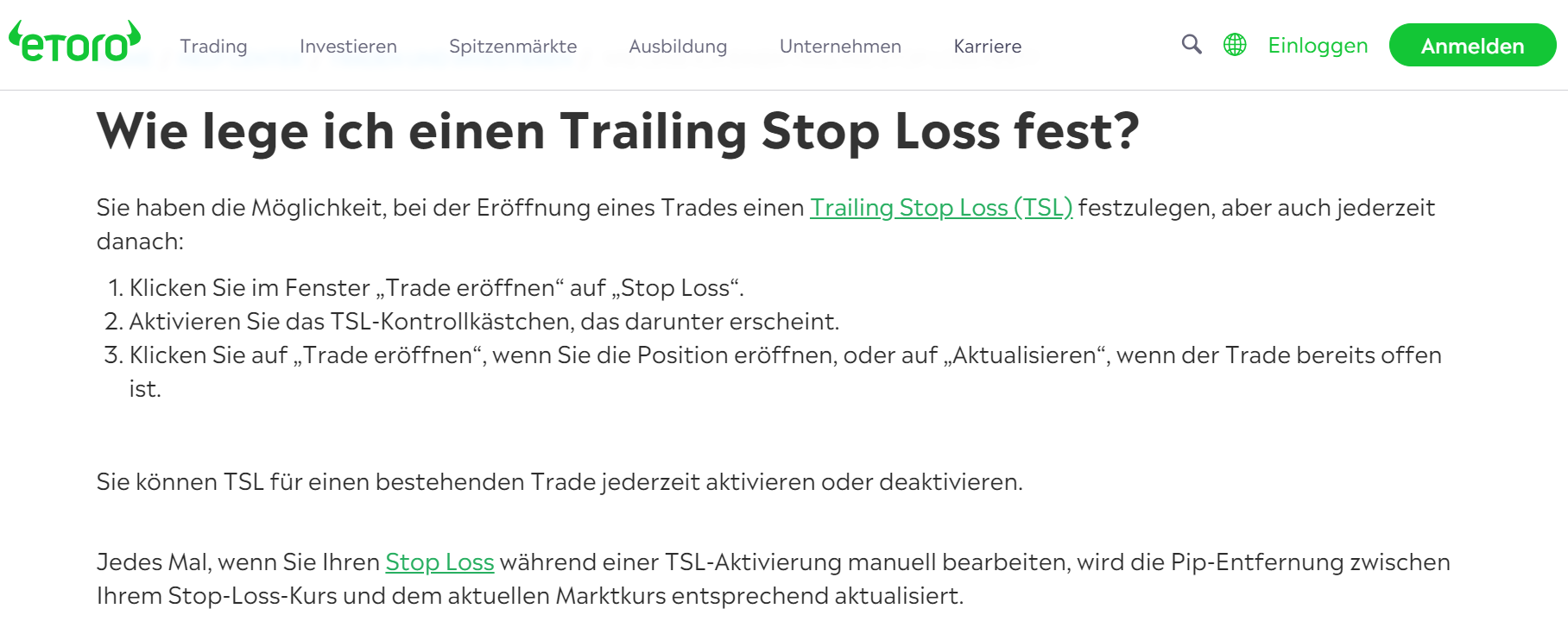 eToro Trailing Stop Loss