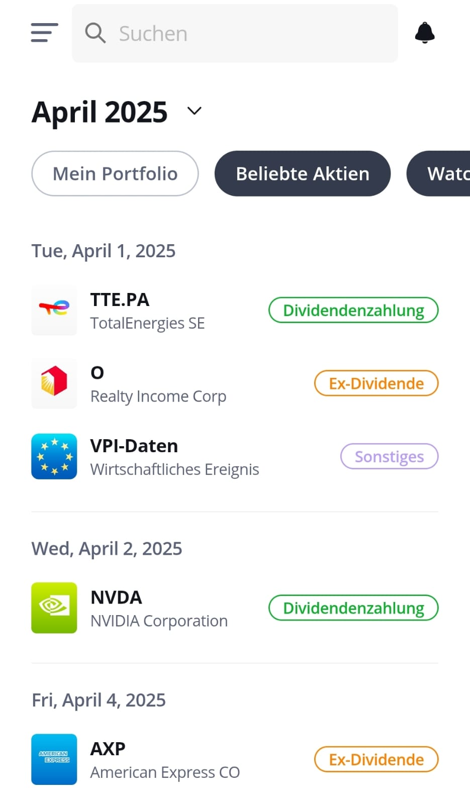 Dividenden Kalender in der Aktien App von etoro