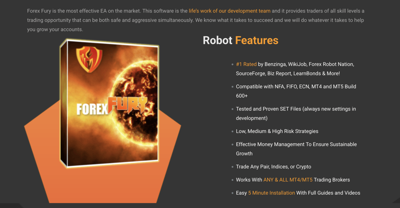 Ein Screenshot der Forex Fury Webseite, der die Funktionen und Vorteile des Expert Advisors (EA) präsentiert, einschließlich der Kompatibilität mit MT4/MT5.