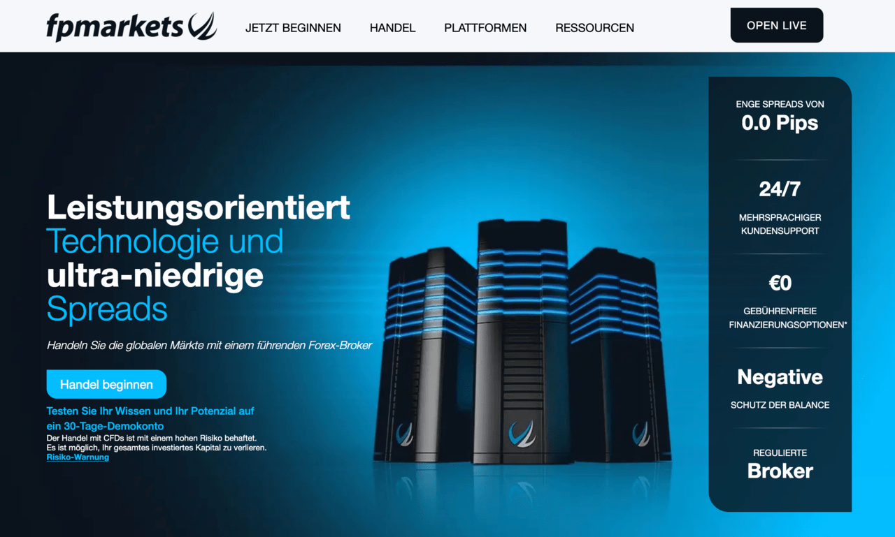 FP Markets Broker Landingpage: ultra-niedrige Spreads, reguliert und ideal für Compounding.