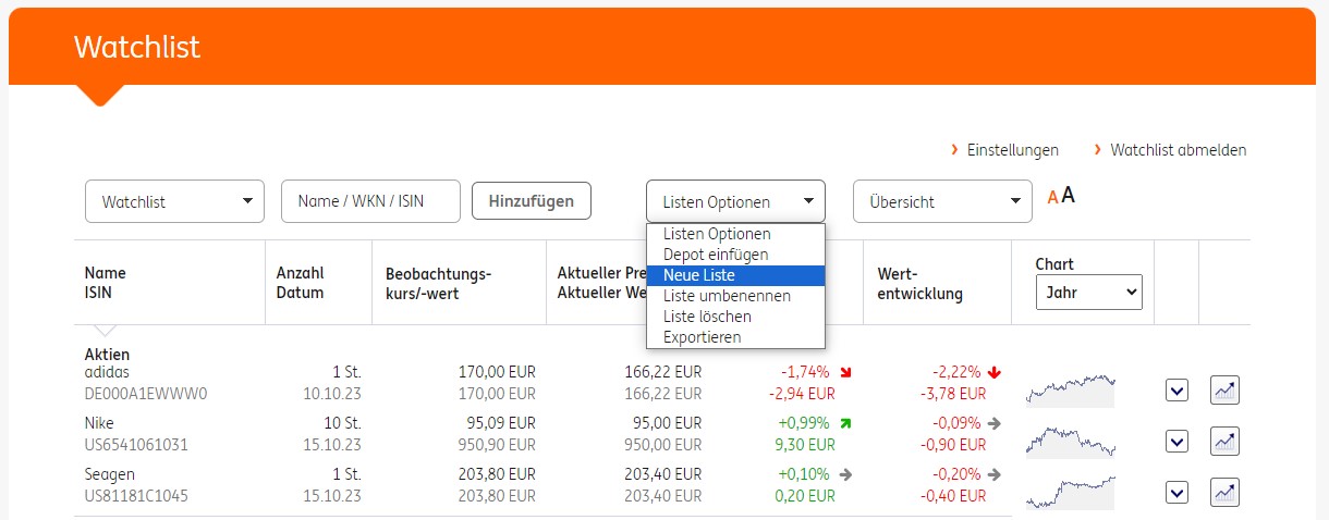 ing diba watchlist neue liste erstellen
