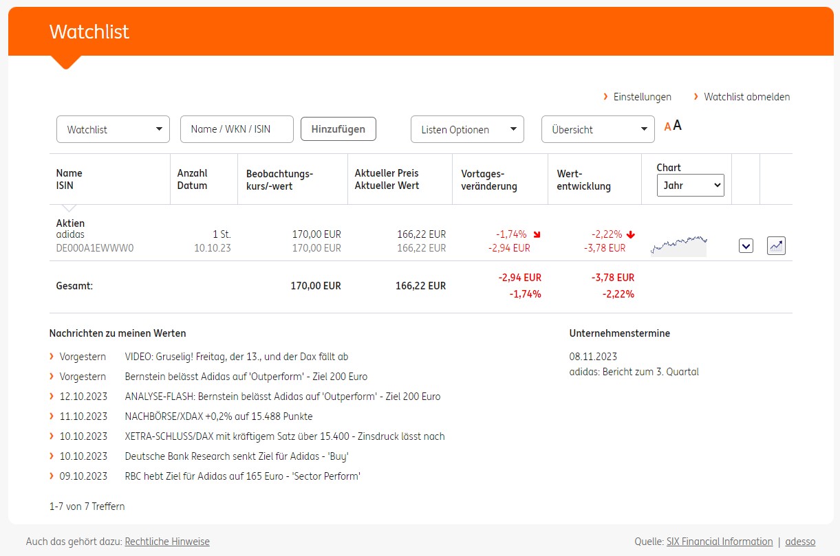 ing diba watchlist übersicht