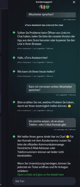 Chat Support auf KI Basis bei eToro