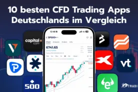 Vergleich der 10 besten CFD Trading Apps Deutschlands, mit Smartphone-Chart und Logos der Broker: Capital.com, Plus500, XTB, VT, eToro, Pepperstone, BlackBull Markets, Plus500, Startrader und Libertex.