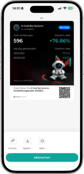 AI Gold Bot Systems Empfehlungscode und Statistik in der StarTrader App.