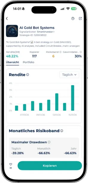 AI Gold Bot Systems Performance in der StarTrader App mit einer Rendite von 48,22 Prozent und täglicher Gewinnstatistik.