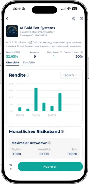 Rendite und Risikoband Übersicht des Trading Bot AI Gold Bot Systems in der Startrader App.