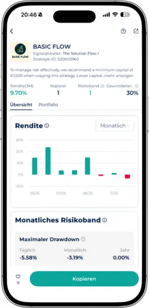 Monatsrenditen und maximaler Drawdown des Basic Flow Trading Bot in der Startrader App.