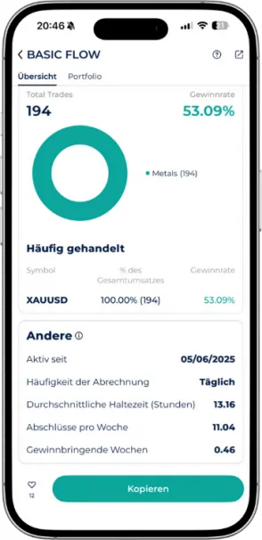 Überblick des Basic Flow Trading Bot in der Startrader App.