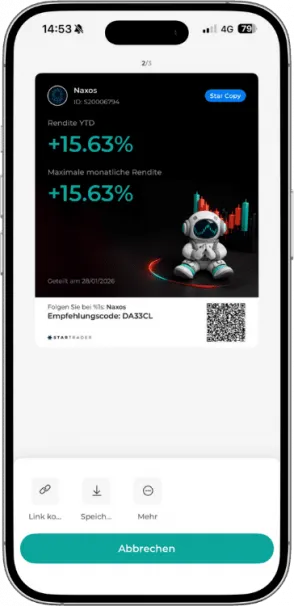 Naxos Expert Advisor Performance in der StarTrader App mit 15,63 Prozent Rendite YTD.