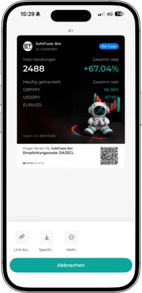 SafeTrade Bot Expert Advisor in der Startrader App mit 67,04 Prozent Gewinnrate und 2488 Handlungen in der Übersicht.